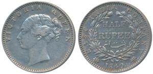 Victoria Queen, Silver ½ Rupee, 1840, continuous legend, Madras Mint, English Head, 19 Ber
