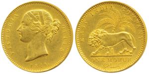 Victoria Queen, Gold Mohur, 11.66g, 1841, Divided legend, WW incused on truncation, cross 