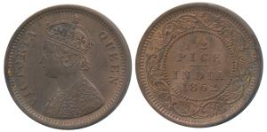 Victoria Queen, Copper ½ Pice, 1862, Madras Mint, Left stroke of v in relief in centre of 