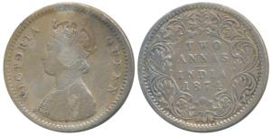 Victoria Queen, Silver 2 Annas, 1874, Bombay Mint, A / I / faint dot, Unlisted in Pridmore