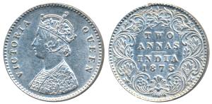 Victoria Queen, Silver 2 Annas, 1875, Calcutta Mint, A / I / No mint mark (Prid 489). Extr