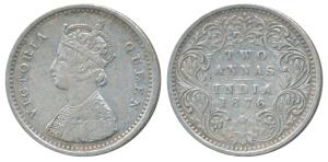 Victoria Queen, Silver 2 Annas, 1876, Bombay Mint, A / I / faint Dot, Unlisted in Pridmore
