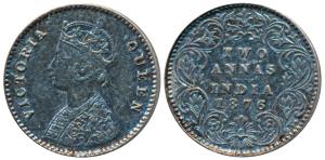 Victoria Queen, Silver 2 Annas, 1876, Calcutta Mint, A / I / No mint mark (Prid 490). Nice