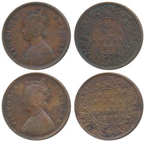 Victoria Empress, Copper ½ Anna, 1877, Bombay Mint, Bust B, 4 panels to the jabot with tin
