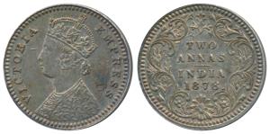 Victoria Empress, Silver 2 Annas, 1878, Calcutta Mint, B / II / No mint mark (Prid 493). N