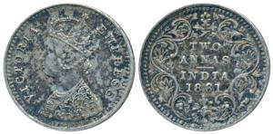 Victoria Empress, Silver 2 Annas, 1881, Bombay Mint, B / II / dot (Prid 524). About Extrem