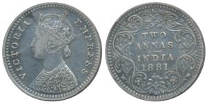 Victoria Empress, Silver 2 Annas, 1881, Bombay Mint, B / II / dot (Prid 524). Very Fine+.