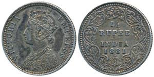 Victoria Empress, Silver ¼ Rupee, 1881, Bombay Mint, A / II / dot (Prid 410). About Extrem
