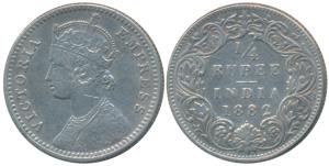 Victoria Empress, Silver ¼ Rupee, 1882, Bombay Mint, C / I / dot (Prid 414). Very Fine+, R
