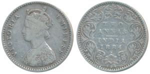 Victoria Empress, Silver 2 Annas, 1884, Bombay Mint, A / I / dot (Prid 532). About Very Fi