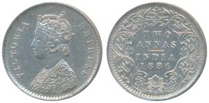 Victoria Empress, Silver 2 Annas, 1884, Bombay Mint, A / I / B raised (Prid 533). About Ex