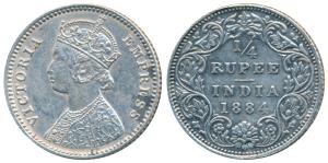Victoria Empress, Silver ¼ Rupee, 1884, Bombay Mint, B / I / B raised (Prid 416). Extremel