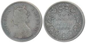 Victoria Empress, Silver 2 Annas, 1885, Bombay Mint, A / I / No mint mark (Prid 536A). Abo