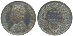 Victoria Empress, Silver 2 Annas, 1885, Bombay Mint, A / I / B raised (Prid 537). Extremel