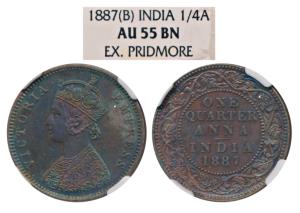 Victoria Empress, Copper ¼ Anna, 1887, Bombay Mint, (Prid 642). Graded by NGC, AU 55BN, Ra