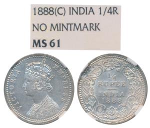 Victoria Empress, Silver ¼ Rupee, 1888, Calcutta Mint, C / II, no mint mark (Prid 393). Gr