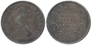 Victoria Empress, Silver ½ Rupee, 1888, Calcutta Mint, A / I / C incuse (Prid 271). Very F