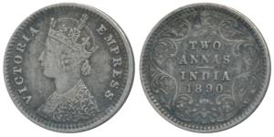 Victoria Empress, Silver 2 Annas, 1890, Bombay Mint, B / II / No mint mark (Prid 543). Ver