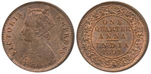 Victoria Empress, Copper ¼ Anna, 1891, Calcutta Mint (Prid 624). About Uncirculated.