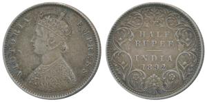 Victoria Empress, Silver ½ Rupee, 1892, Bombay Mint, A / I / B incuse (Prid 302). Very Fin