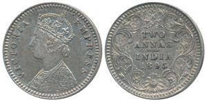 Victoria Empress, Silver 2 Annas, 1895, Calcutta Mint, B / II / C incuse (Prid 510). Extre