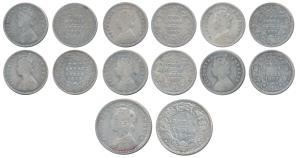 Victoria Queen & Empress, Silver ¼ Rupee, 1897; Silver 2 Annas, 1862, 1875, 1888, 1889, 18