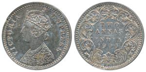 Victoria Empress, Silver 2 Annas, 1900, Bombay Mint, B / I / B raised (Prid 553). Slight e