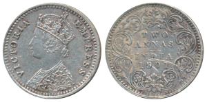 Victoria Empress, Silver 2 Annas, 1901, Bombay Mint, B / I / B raised (Prid 554). About Ex
