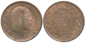 Edward VII, Bronze ¼ Anna, 1906, Calcutta Mint (Prid 651). About Uncirculated, Rare.