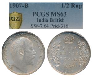 Edward VII, Silver ½ Rupee, 1907, Bombay Mint, (Prid 316). Graded by PCGS MS63.