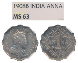 Edward VII, Cupro-Nickel Anna, 1908, Bombay Mint, B incuse (Prid 927). Graded by NGC MS63.