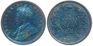 George V, Silver 2 Annas, 1911, Calcutta Mint, (KM 564). Nice blue toning, Uncirculated, R