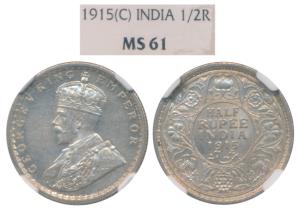 George V, Silver ½ Rupee, 1915, Calcutta Mint (Prid 322). Graded by NGC MS61, Rare.
