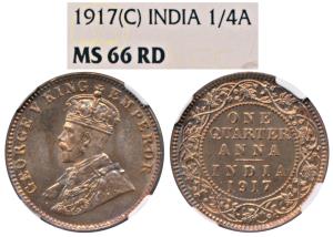 George V, Copper ¼ Anna, 1917, Calcutta Mint (KM 512). Graded by NGC MS66RD, Rare in such 