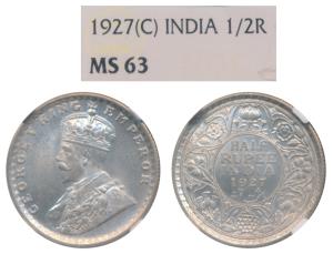 George V, Silver ½ Rupee, 1927, Calcutta Mint, (KM 522). Graded by NGC MS63, Rare.