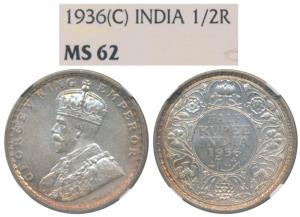 George V, Silver ½ Rupee, 1936, Calcutta Mint, (Prid 328). Graded by NGC MS62.