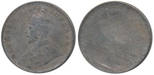 George V, Silver Rupee, Error, Brockage, nice deep and complete lakhi impression on rev., 