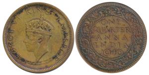 George VI, Copper ¼ Anna, 1940, Bombay Mint, Error, Inverted die axis. Very Fine+, Rare.