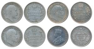 Edward VII and George V, Silver ¼ Rupee (4), 1903, 1905, 1906 and 1928. About Very Fine to