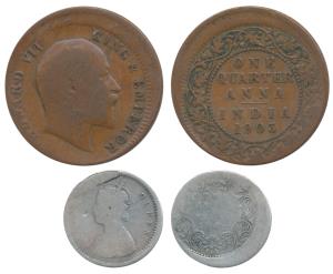 Victoria Queen, Silver 2 Annas, Error, off center on rev. 1862; Edward Copper ¼ Anna, Erro