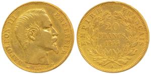 France, Napoleon III, Gold 20 Francs, 6.44g, 1855 A, Paris Mint, obv. bare head, rev. valu