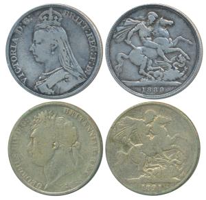 Great Britain, Silver Crown (2), George IV, 1821; Victoria, 1889 (KM 680.1 & 765). Fine an