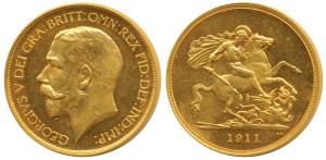Great Britain, George V, Gold 5 Pounds, 40g, St. George slaying a dragon on rev., 1911. Pr