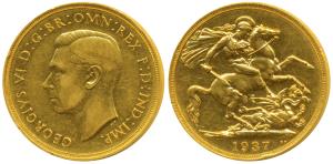Great Britain, George VI, Gold 2 Pounds, 15.97g, St. George slaying a dragon on rev., 1937