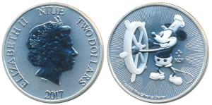 Niue, Elizabeth II, Silver $ 2, 31.29g, 2017 rev. an iconic image of Mickey Mouse the Walt