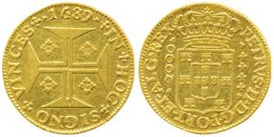 Portugal, Peter II, Gold 2000 Reis, 4.75g, 1689, obv. crowned arms with denomination verti