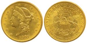 United States of America, Gold (Dollars) $20, 33.4g, Liberty on obv., motto above eagle, 1