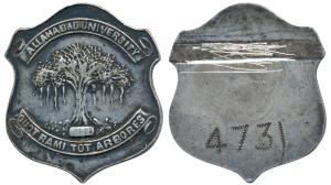 Allahabad University, Silver Badge, a Banyan tree in centre with the University’s motto in