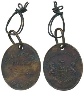 Copper Dog License Token, Bombay Municipality with Coat of Arms on obv., Dog License Token