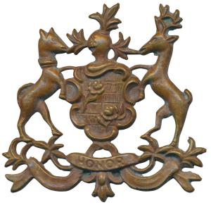 Unidentified Copper Coat of Arms of a State, a hound and a deer holding a shield embellish